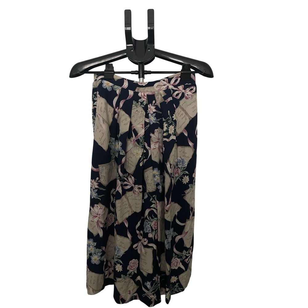 That's‎ Me Y2K Vintage Navy Floral Bow Script Pleated Midi Skirt Womens 29 waist